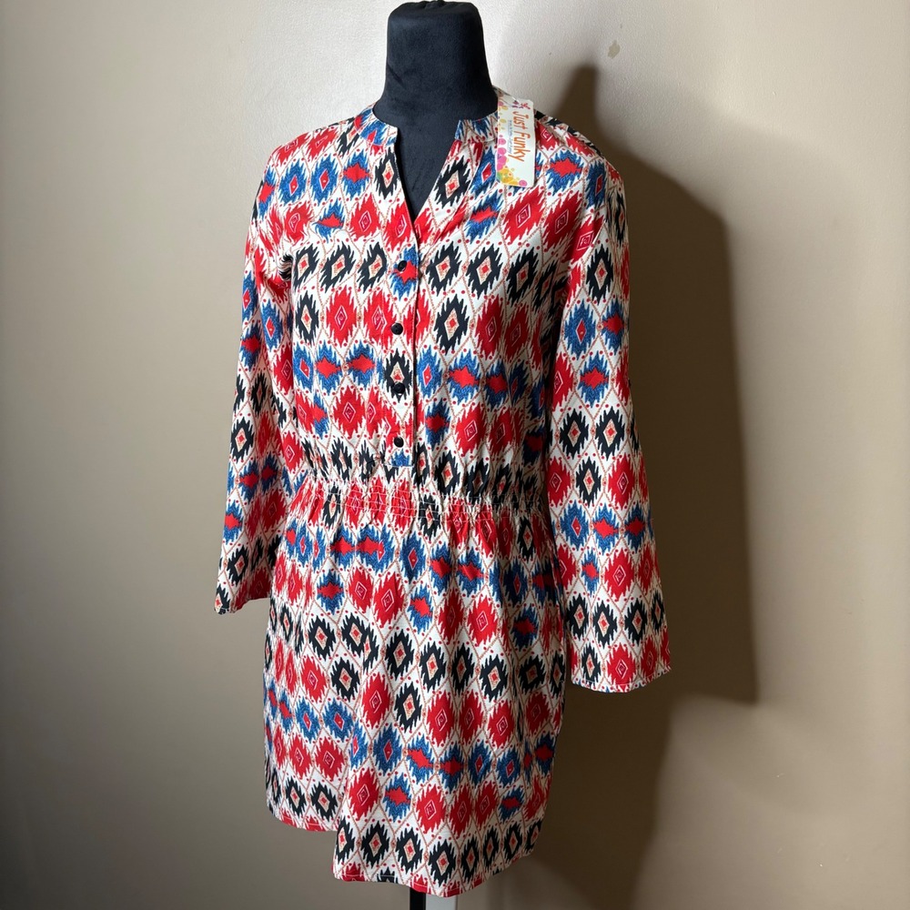 New Just Funky Women Dress Sz S Aztec Long‎ Sleeve V Neck Boho Bohemian Festival